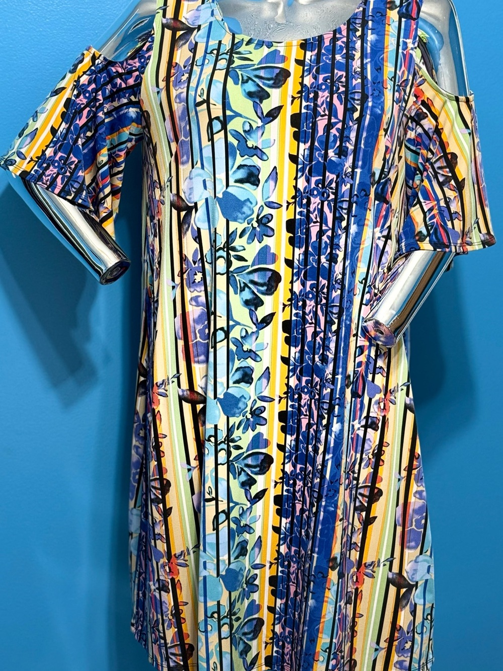 Laundry By Shelli Segal Blue & Yellow Cold-Shoulder Floral Stripe Dress M